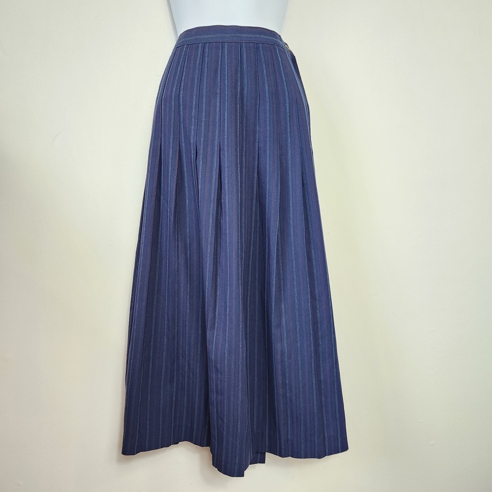 Vintage 80s Navy Pinstripe Midi Skirt 12 Full Pleated Dark Academia Grandmacore